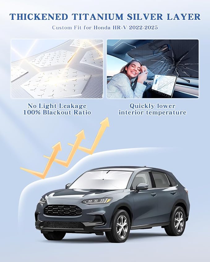 Portable for HR-V HRV 2022-2025 Windshield Sunshade Umbrella with Carry Bag, 2 in1 Ice Crystal Durable Compact Shade Umbrella UPF50+ UV Front Window Heat Insulation Protection Outdoor Camping - Image 2