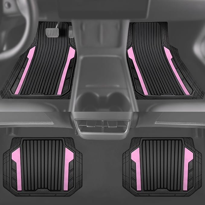 CAR PASS Heavy Duty Rubber Car Mats Metallic, Aluminum Film Cute All Weather Floor Mats Waterproof Universal Trim to Fit for SUV Sedan Van 4 Piece Deep Dish Two-Tone Sporty Black Light Pink Chrome - Image 5