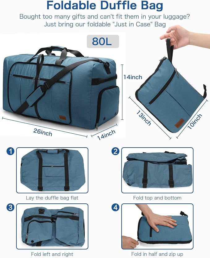 80L EXTRA LARGE Duffle Bag for Travel, 26" Foldable Travel Duffel Bag with Shoe Compartment for Men Women, Waterproof & Tear Resistant (Light Blue, EXTRA LARGE, 80L) - Image 2