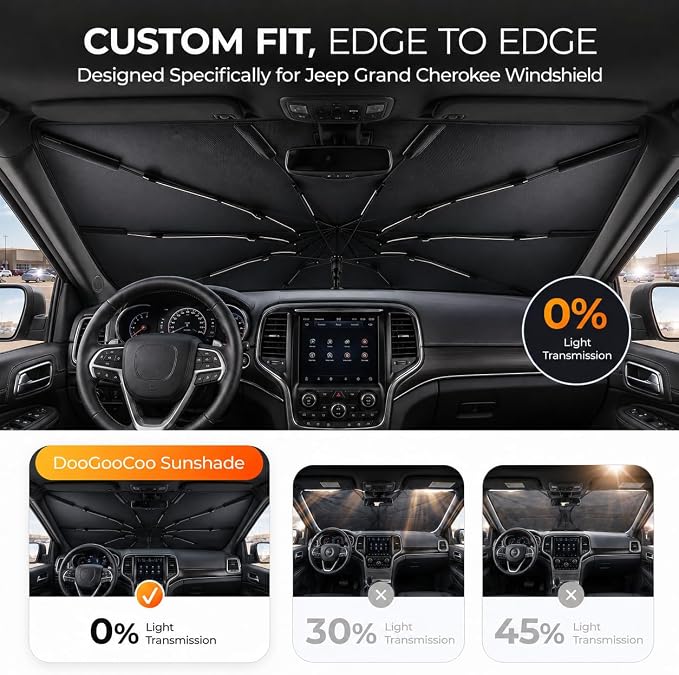 [2026 Upgraded] DooGooCoo Windshield Sun Shade Umbrella for Jeep Grand Cherokee 2011-2025 2026 [100% Sunlight Blocked, Cooling Ice Crystal] Sunshade for Car Windshield for Grand Cherokee, Custom. - Image 5