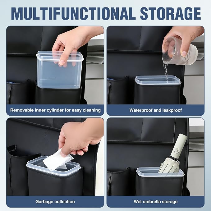 Nilight Car Seatback Organizer 2PCS Black PU Leather Universal | Foldable Tray Tablet Holder Tissue Box Removable Bucket Waterproof Storage Bag for Cars Vans SUVs MPVs Pickup Trucks - Image 5