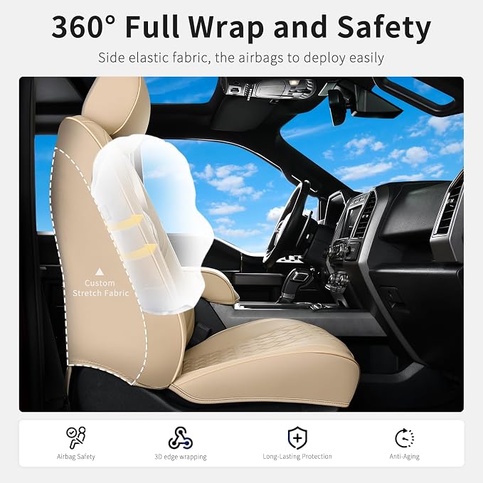 Huidasource F150 F250 F350 Front&Rear Leather Seat Covers Fit for 2015-2026 Ford F150 SuperCrew & 2017-2026 F250 F350 F450 Super Duty Crew Cab XL XLT Lariat King Ranch Platinum(Full Set/Beige) - Image 3