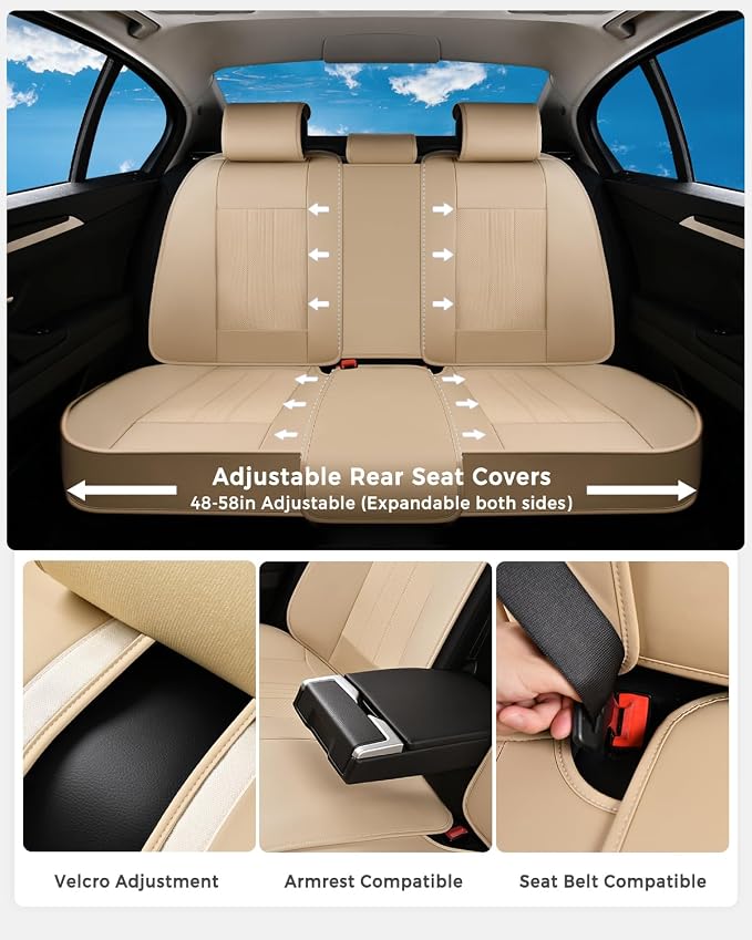 Huidasource Beige Seat Covers, Luxury Faux Leather Car Seat Cover, Velcro Adjustable, with Airbags, Seat Belts, Thinning Design Perforation Cooling＆Heating Fit for Most Cars, Vans, Trucks, SUVs, Beige - Image 3