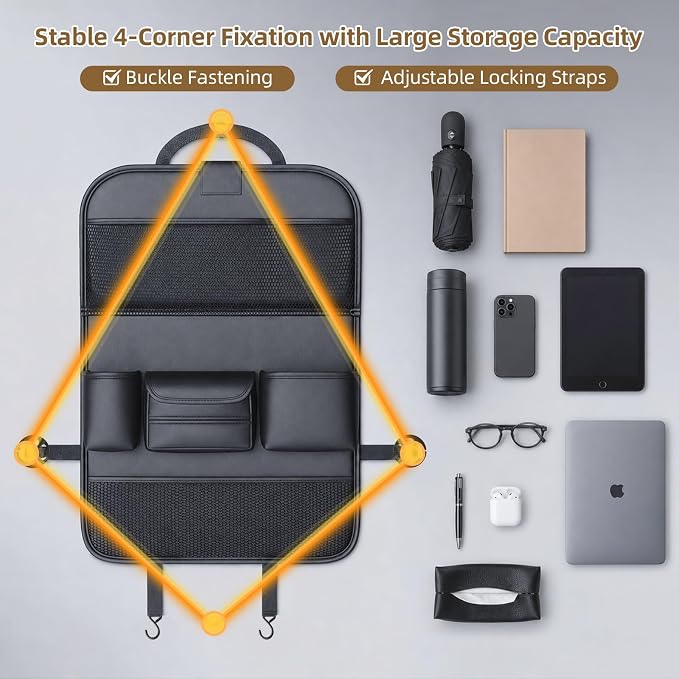 Car Backseat Organizer with Kick Mat & Foldable Tray, 2-Pack | Touchscreen Tablet Holder, Water Resistant PU Leather, Seat Back Protector with Storage Pockets, Road Trip Travel Accessories - Image 4