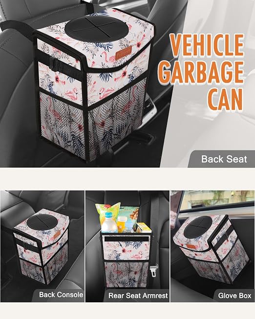 Pritent Car Trash Can with Lid Leakproof Car Garbage Bag Vehicle Trash Bin | Hanging Automotive Garbage Can,Multipurpose Car Accessories for Women Men Interior Car Storage Organizer(2 Gal,Flamingo) - Image 6