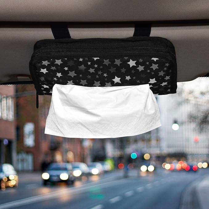Car Tissue Holder Car Napkin Holder Car Tissue Box Dispenser Storage Case Sun Visor Mask Holder with Adjustable Straps Reusable Refillable Cute Silver and Gray Stars - Image 6
