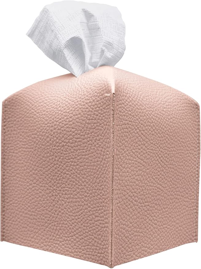 Carrotez Tissue Box Cover, [Refined] Modern PU Leather Square Tissue Box Holder - Decorative Holder/Organizer for Bathroom Vanity Countertop, Night Stands, Office Desk & Car 5"X5"X5" - Rose Pink by Carrotez