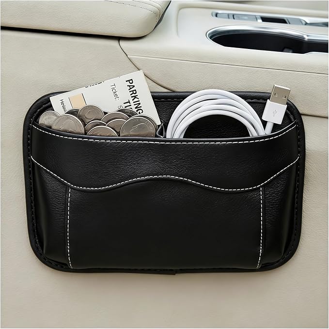 Car Seat Side Pocket Organizer, Multifunctional Auto Console Door Window Side Pocket Seats Storage Pouch, Leather Seat Gap Filler Organizer Pen Phone Holder for Most Vehicles (Black) by XJVSS