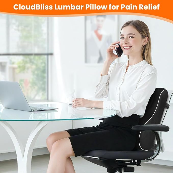 CloudBliss Lumbar Support Pillow, Memory Foam for Office, Standard, Black | Ergonomic High-Density Memory Foam, Adjustable Straps, Washable Mesh Cover, Lower Back Support for Office, Gaming & Car Seat - Image 2