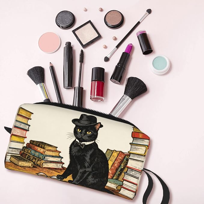 Sophisticated Black Cat Makeup Bag for Women with Wrist Strap | Durable 600D Oxford Fabric Cosmetic Organizer,Compact Travel Pouch with Handle for Gym & Daily Use - Image 6