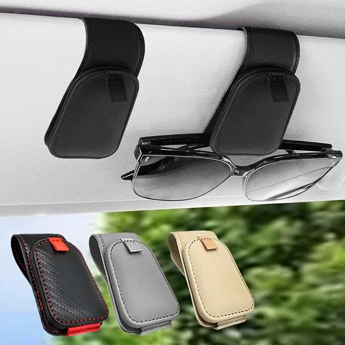 Sunglass Holder for Car, 2 Pack Car Sunglass Holder Visor Clip Magnetic Leather Sun Glasses Eyeglass Hanger, Black, Fit for Different Size Eyeglasses by Teoenix