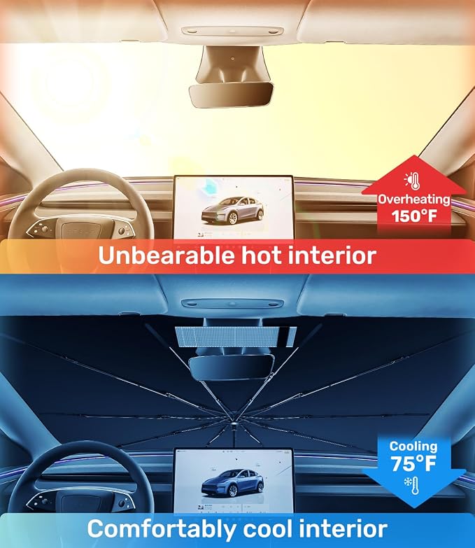 Zanch Upgrade Windshield Sun Shade, Custom Fit for Tesla Mode Y 2017-2026 [Titanium-Silver Reflective Coating] Blocks 99% UV & Heat, Sunshade Umbrella for Model Y 2017 ... 2024 2025 2026 - Image 2
