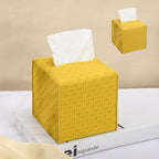 HOMOTEK 2 Pack Tissue Box Cover, Square PU Leather Tissue Holder, Decorative Facial Tissue Cube Paper Organizer Dispenser for Bathroom, Night Stands, Desk, Car 5X5X5'' - Rattan Weave,Mango Yellow by HOMOTEK