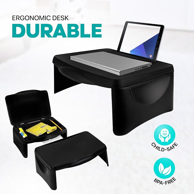MAVOCRAFT Foldable Kids Lap Tray with Storage - Portable Lap Desk Kids & Adults - Kids Lap Desk for Breakfast in Bed, Serving Tray, Car Desk & Gaming (Black) - Image 7