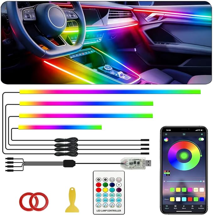 Ambient Lighting Car Led Lights Interior,116in USB Dreamcolor 4 in 1 Acrylic Neon Flexible Strip Fiber Optic LED Ambient Lighting Kits with Remote APP, RGB Music Lights Sync for Inside car Decorations by Sxlofty