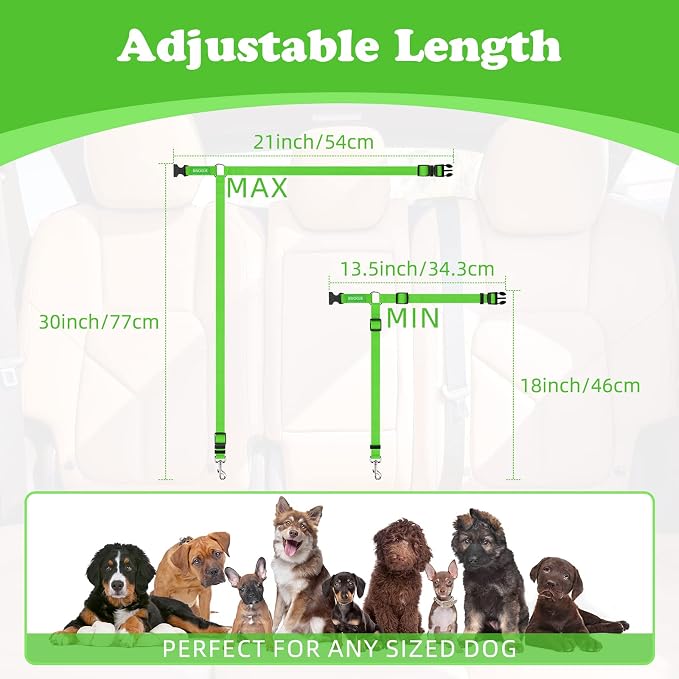 BWOGUE 2 Pack Dog Seat Belt for Car, Green Headrest Restraint Safety Strap | 18-30 in Adjustable, Headrest Loop, 2 Pack for Dogs and Cats, Nylon Safety Strap, Use with Dog Harness, Zinc Alloy Snap - Image 4