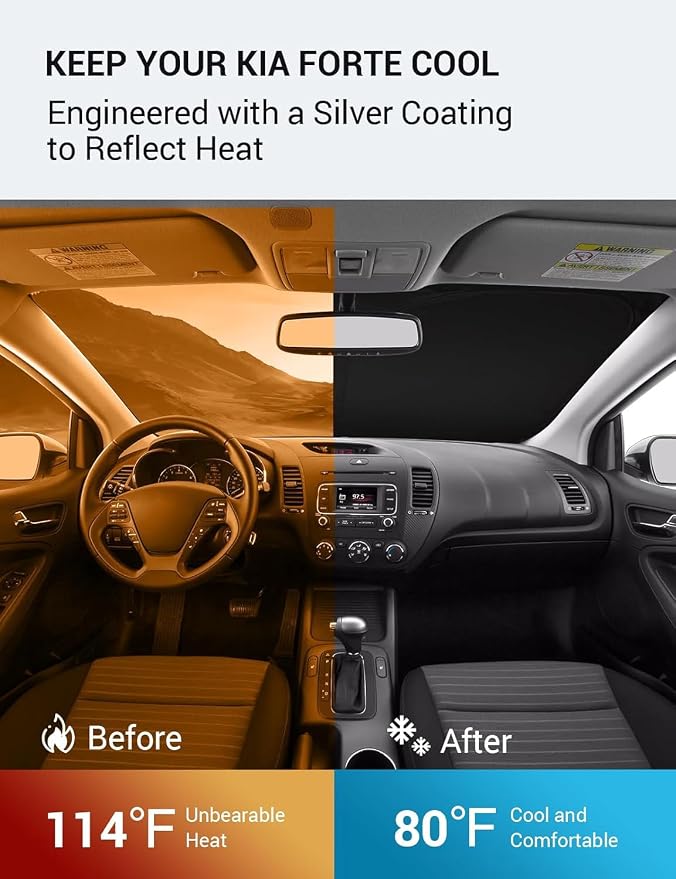 Proadsy Custom Fit 2014-2018 Kia Forte Windshield Sun Shade, Blocks Heat | 240T Heat Shield, Drops Temp 54°F, Blocks 99% UV, Prevents Dashboard Cracking, Summer Parking & Beach Trips, Easy Twist-Fold - Image 3