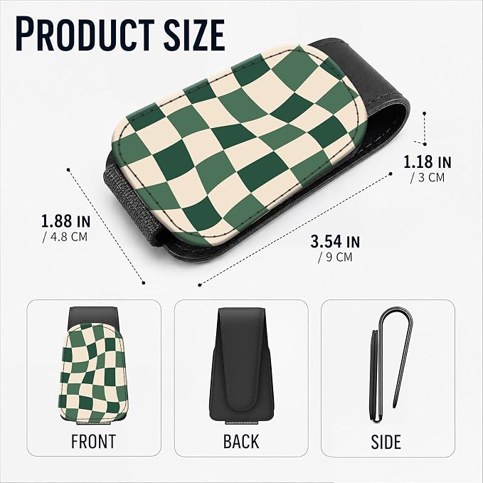 Leather Magnetic Sunglass Holder for Car Sun Visor, Cute Eyeglass Ticket Card Hanger Clip, Universal Auto Interior Accessories for SUV Pickup Truck, Green Checkered - Image 3