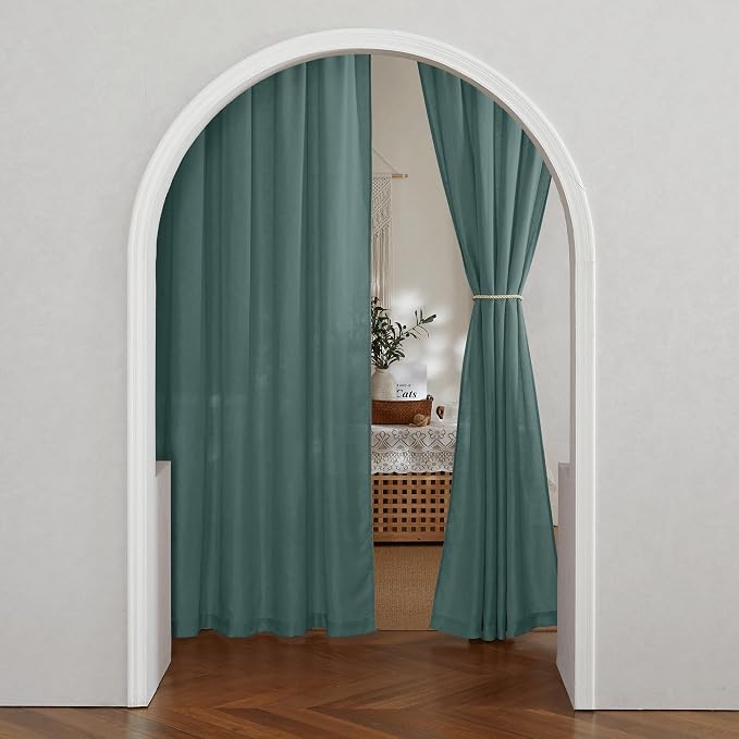 RYB HOME Linen Sheer Curtains 2 Panels for Living Room, Semi Transparent Privacy Drapes with Rod Pocket Farmhouse Style Window Treatments for Bedroom, Teal Blue, 52" W x 84" L - Image 5