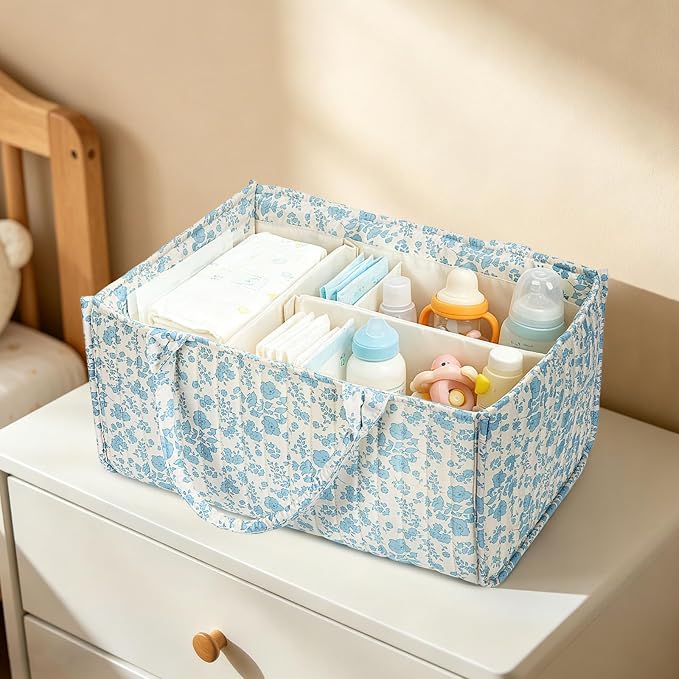Diaper Caddy Organizer,Cute Floral Nursery Storage Basket,Soft Portable Changing Table Car Caddy Organizer Gift (Blue Floral B) - Image 5