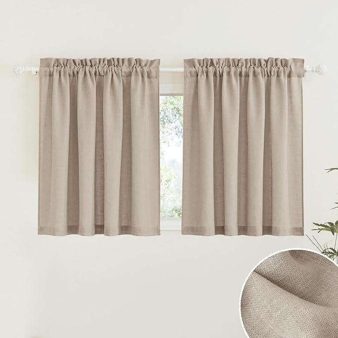 RYB HOME Linen Curtains Over Sink 36 inches Length, 2 Panels Light Filtering Privacy Semi Sheer Curtains for Bathroom Kitchen Car Small Window, Length 36 by Width 52 inch, Khaki by RYBHOME