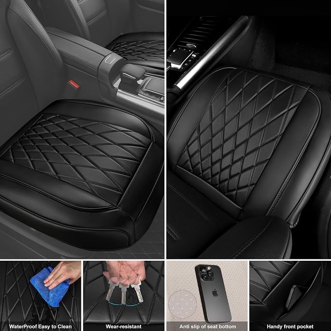 CAR PASS 1 Pack Leather Front Car Seat Cover, Bottom Seat Cover Full Wrapped with Storage Pocket, Anti-Slip Leather Seat Protector,Waterproof Seat Cushion Pad Universal Fit Sedan SUV Truck, Black - Image 4
