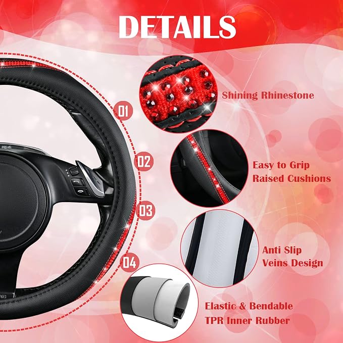 CAR PASS Bling Diamond Black Leather Steering Wheel Cover, Studded Crystal Rhinestones Universal Fit 14" 1/2-15" Glitter for Women Sparkle Girl Fit Suvs,Vans,Sedans,Car,Trucks, Red Diamond - Image 5