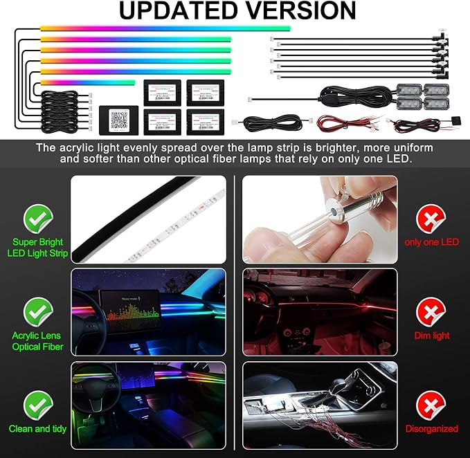 Dreamcolor Acrylic Interior Car LED Strip Light with Wireless APP, RGB 18 in 1 with 175 inches 593 LEDs Fiber Optic Ambient Lighting Kits, 16 Million Colors Sound Active Function Car Neon Lights - Image 5