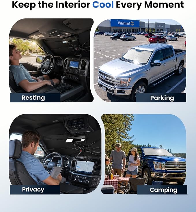 Zanch Windshield Sun Shade Umbrella Custom-Fit for Ford F-150 2011-2026 | [99% UV Protection, Up to 75℉ Cooler]Heat Reflection, Sturdy Frame, Scratch-Free Interior, Foldable Front Sunshade Umbrella - Image 3