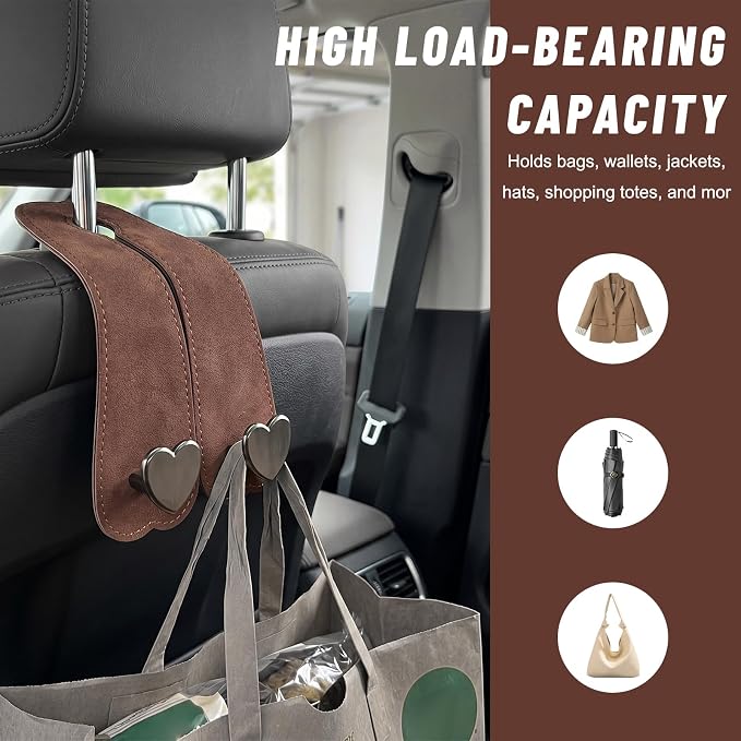 2 PCS Car Seat Headrest Hook, Cute Heart Shape Auto Seat Back Storage Hanger, Suede Double Headrest Purse Hooks Storage Organizer for Most Vehicles, Car Accessories (Brown) - Image 4