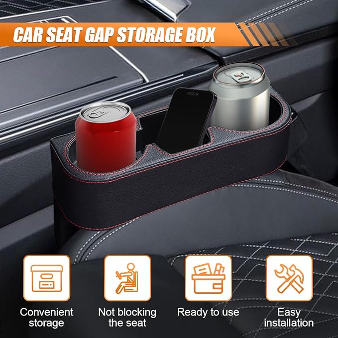 Car Cup Holder, PU Leather Auto Seat Gap Filler Organizer (Black) | Multifunctional Vehicle Cup Drink Holder, Front Console Storage Box for Coin Cellphone Sunglasses, Universal Car Accessories - Image 3