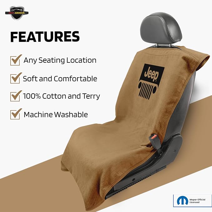 Seat Armour Seat Protector Towel 'Jeep with Grille' - Soft Machine Washable Jeep Seat Cover Towel - Easy to Install, Multipurpose Jeep Seat Towel - Tan - Image 3