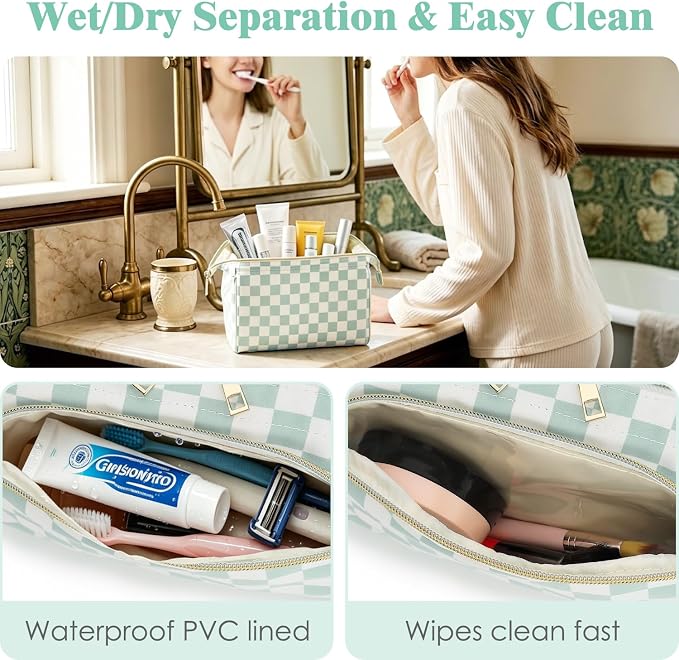 Fammart Travel Makeup Bag for Women, Waterproof Checkered Cosmetic Cosmetic Bag Make Up Organizer Case, Large Wide-open Toiletry Bag for Skincare, Brushes, Bathroom & Travel Essentials - Image 2