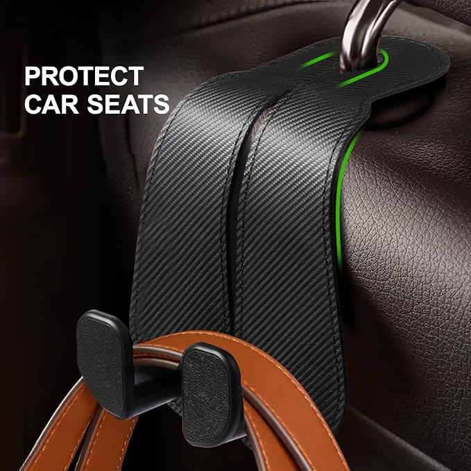 CoBak Extra Wide Car Seat Back Hooks, Premium Stitched Leather Headrest Hangers with Wide Slot Structure, Universal for Any-Width Purses, Handbags, Bags (4 Pack), Carbon Fiber Black - Image 3
