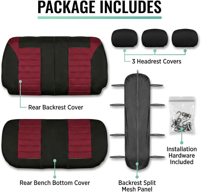 FH Group Automotive Car Seat Covers Rear Set Premium 3D Air Mesh Seat Covers, Airbag Compatible and Split Bench Cover Universal Fit Interior Accessories for Cars Trucks and SUVs - Burgundy - Image 5