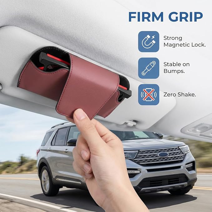 Sunglass Holder for Car Visor, PU Leather Magnetic Vehicle Glasses Organizer Box with Clips, Automotive Interior Eyeglasses Storage Case Accessories, Universal for Most Vehicles (Wine Red) - Image 4