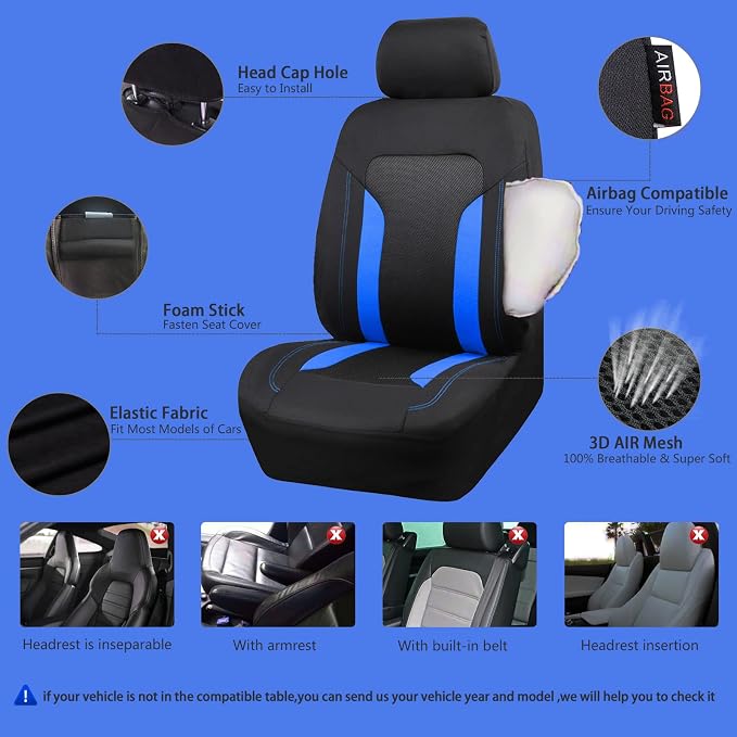 CAR PASS 3D Air Mesh Car Seat Covers Full Set, Breathable Sporty Rear Bench with Zipper for Armrest Box Universal Fit 95% Automotive SUV,Truck,Sedan Interior Cute Women Airbag Compatible, Black Blue - Image 3