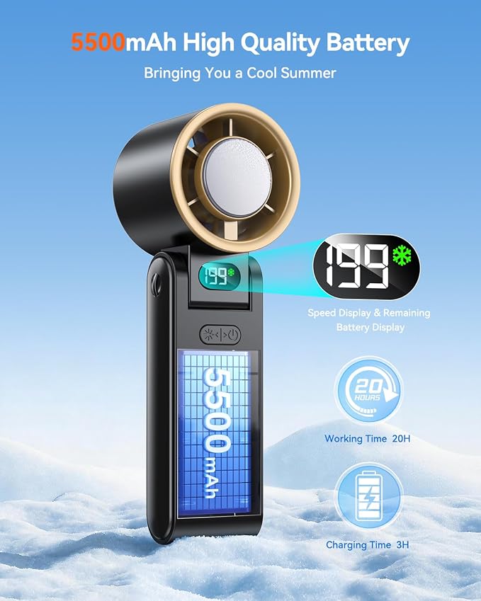 Portable Handheld Fan with Ice Cooler, 199 Speed Personal Fan,5500mAh Rechargeable,20H Cooling Time,20000 RPM Powerful Motor, Summer Essential for Travel/Outdoor/Office, Black Gold - Image 5