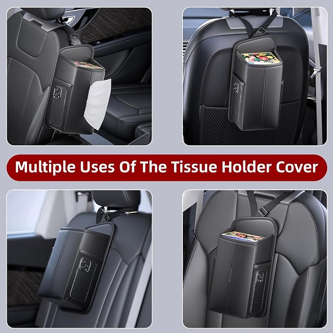 Car Tissue Holder for Front Seat | Wide Refill Opening, 2 Side Mesh Pockets for Phones & Cards, Fits 150 Tissues, Durable PU Leather car seat organizer - Image 7