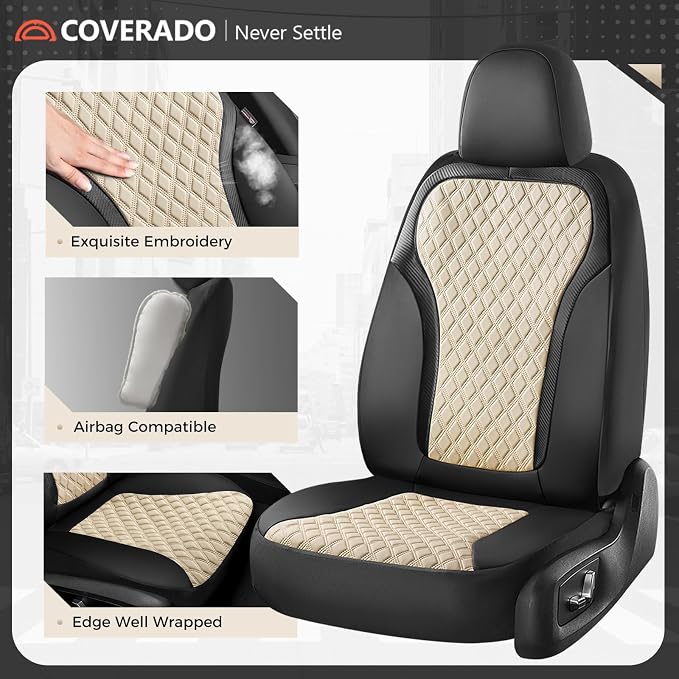 Coverado Car Seat Cover 5 Seats, Leather Seat Covers Full Set, Durable Waterproof Car Seat Protectors, Black and Beige Seat Cover, Spill-Proof Automotive Seat Covers Universal Fit for Most Cars - Image 5