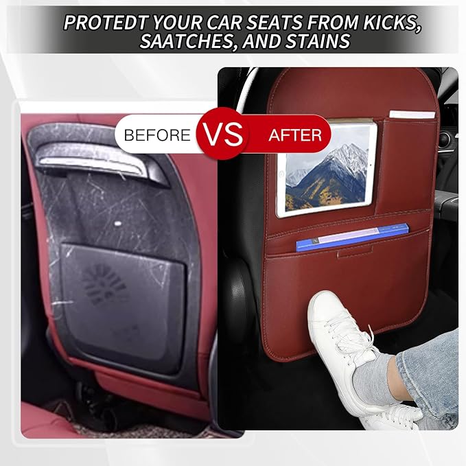 SUTSU Kick Mat Back Seat Protector， Waterproof Leather Car Seat Back Organizers Cover with 3 Storage Pockets for Kids Pets SUV Sedan Minivan Truck Car Travel Accessories (Wine Red 2-pack) - Image 7