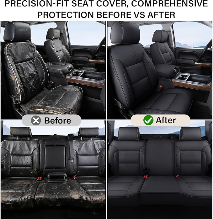 Coverado Chevy Silverado Seat Covers Full Set, Faux Leather Car Seat Covers Fit for 2014-2018 1500, 2015-2019 2500HD 3500HD Chevy Silverado GMC Sierra Crew Double Extended Cab (Black) - Image 4