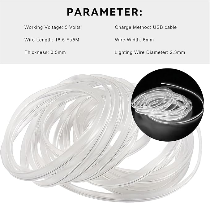 EL Wire Interior Car LED Strip Lights, 16.5FT 5V EL Wire Strip Neon Glowing Strobing Light w/ 5mm Sewing Edge, USB Electroluminescent Ambient Lighting Kit for Car Inside Decoration (White) - Image 2