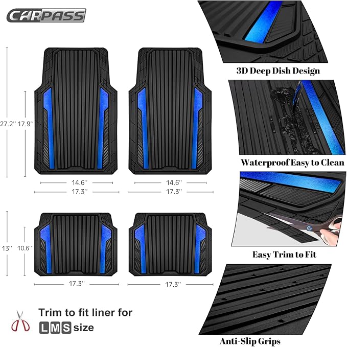 CAR PASS Heavy Duty Rubber Car Mats Metallic,Aluminum Film All Weather Floor Mats Waterproof Universal Trim to Fit Automotive SUV Sedan Van 4 Piece Anodized Deep Dish Two-Tone Sporty Black Blue Chrome - Image 4