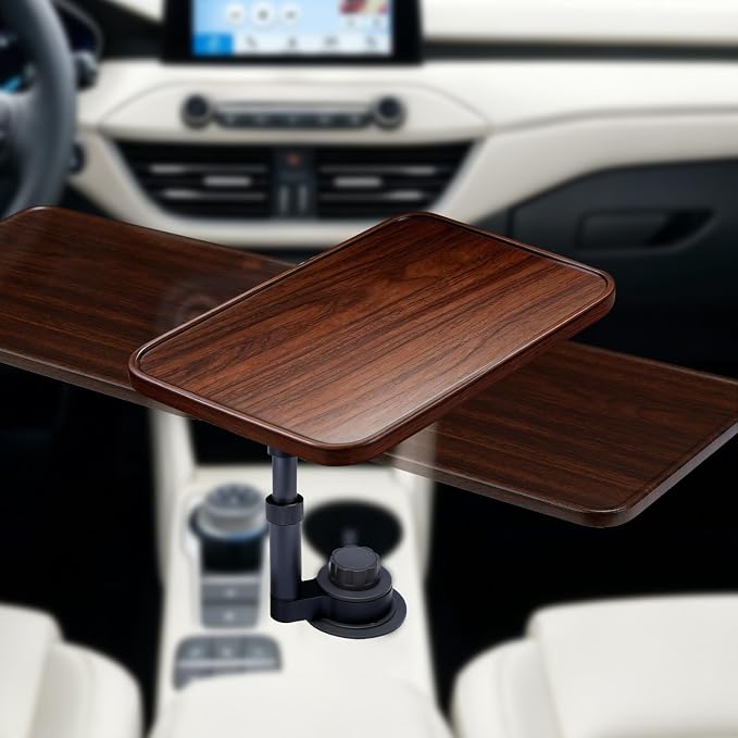 Car Desk for Laptop, 360° Swivel, Height Adjustable Wood-Grain Tray | Tool-free install, fits 2.8"-3.9" cup holders. Scratch-resistant wood-grain finish. For laptop work, dining, or passenger use by Unknown