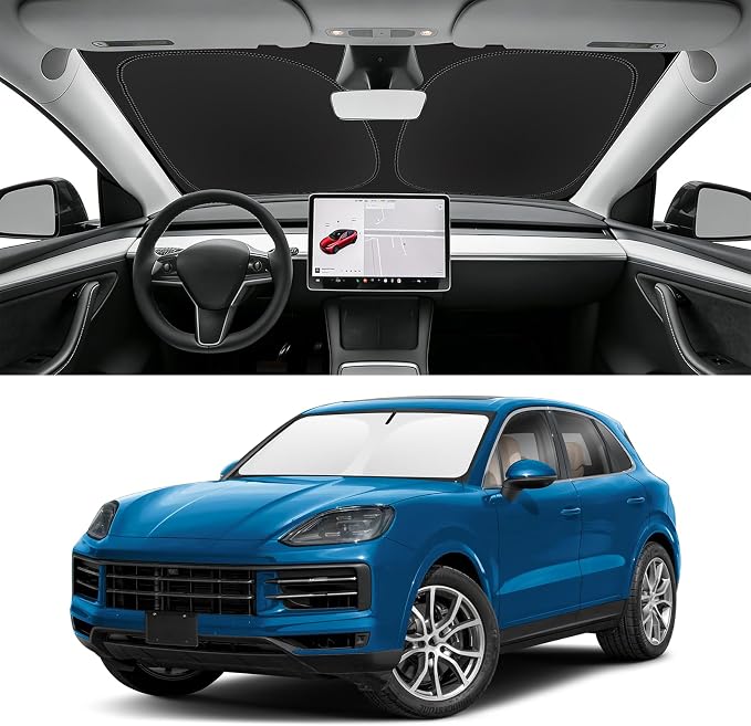 Custom Fit Windshield Sun Shade for Porsche Cayenne 2019-2026 | Blocks UV Rays and Sun Heat, Helps Reduce Interior Temperature, Protects Dashboard from Fading, Folds Easily for Storage by SLOGENTO