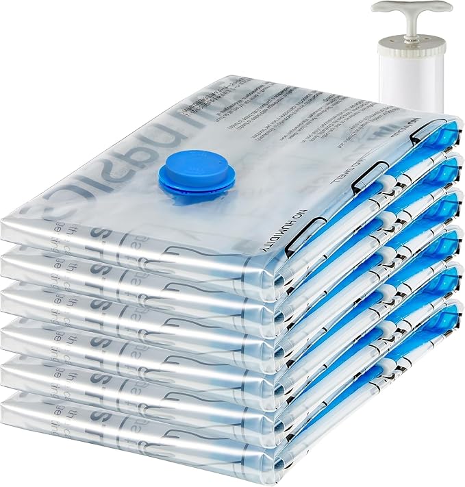 Amazon Basics Vacuum Storage Bags for Clothes, Space Saving Compression Storage Bags with Hand Pump, Heavy Duty, Stackable, Jumbo Size, Clear, 6-Pack by AmazonBasics
