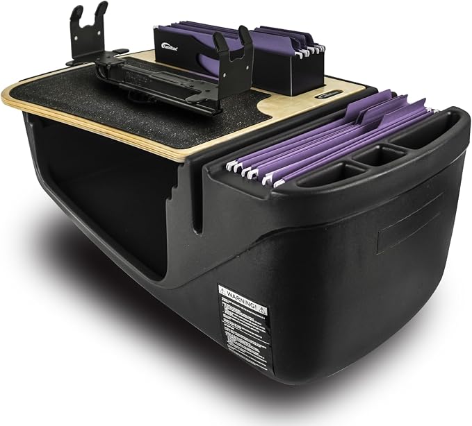 AutoExec AE-FMEF-PI-PS-11M Efficiency FileMaster Car Desk for Your Vehicle Workstation and Mobile Office, Natural with 400 watt Power Inverter and Printer Stand | Vehicle Workstation, Mobile Office, 400 Watt Power Inverter, Printer Stand by AutoExec