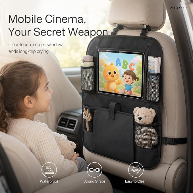 Car Backseat Organizer with 12 Storage Pockets, 12" Touch Screen Tablet Holder, Waterproof Kick Mats Seat Protector, Car Organizers and Storage for Kids, Road Trip Essentials（2 Pack，Black） - Image 5