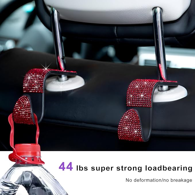 4 PCS Car Seat Headrest Hooks, Bling Crystal Rhinestone Back Seat Hanger Storage Organizer, Sparkly Seatback Holder Hooks for Purse and Bags Universal For Most Vehicles (Red) - Image 5